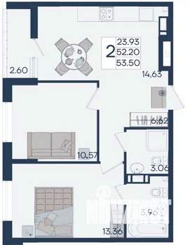 2-к квартира, вторичка, 54м2, 6/18 этаж