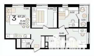 2-к квартира, вторичка, 67м2, 6/9 этаж