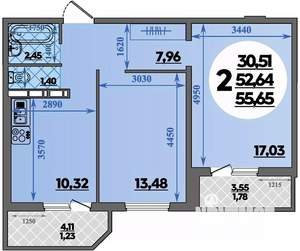 2-к квартира, строящийся дом, 56м2, 12/16 этаж