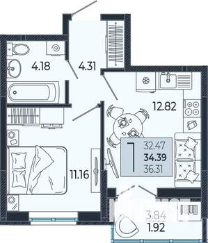 1-к квартира, вторичка, 34м2, 4/21 этаж