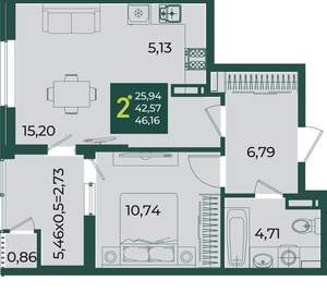 2-к квартира, вторичка, 46м2, 15/18 этаж