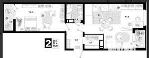 2-к квартира, вторичка, 53м2, 12/16 этаж