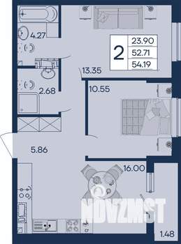 2-к квартира, вторичка, 54м2, 3/18 этаж