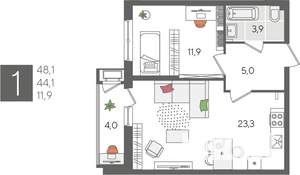 1-к квартира, строящийся дом, 48м2, 2/24 этаж