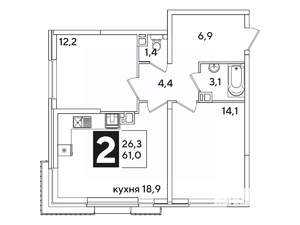 2-к квартира, вторичка, 61м2, 2/16 этаж