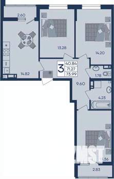 3-к квартира, вторичка, 74м2, 7/18 этаж
