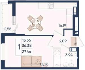 1-к квартира, вторичка, 38м2, 3/18 этаж