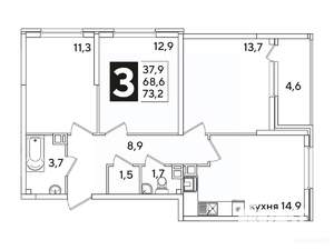 3-к квартира, вторичка, 73м2, 6/16 этаж
