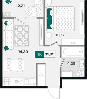 1-к квартира, вторичка, 36м2, 1/18 этаж