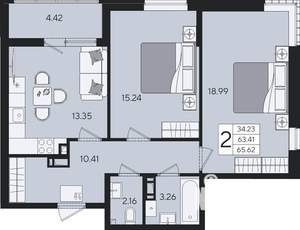 2-к квартира, строящийся дом, 66м2, 3/9 этаж