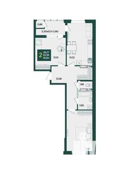 2-к квартира, вторичка, 66м2, 15/18 этаж
