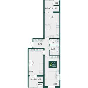 2-к квартира, вторичка, 65м2, 2/18 этаж