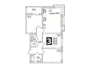 3-к квартира, вторичка, 73м2, 12/16 этаж