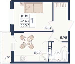 1-к квартира, вторичка, 33м2, 8/18 этаж