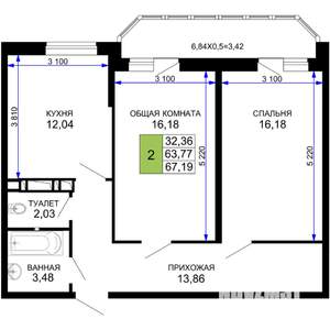 2-к квартира, вторичка, 67м2, 13/19 этаж