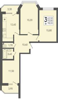 3-к квартира, строящийся дом, 78м2, 2/22 этаж