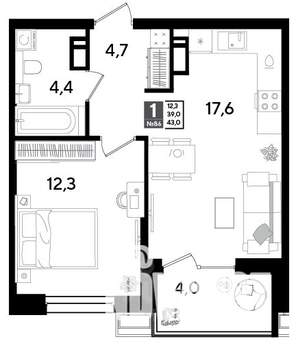 1-к квартира, строящийся дом, 43м2, 12/18 этаж