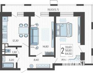 2-к квартира, строящийся дом, 66м2, 7/12 этаж