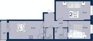 2-к квартира, вторичка, 58м2, 4/18 этаж
