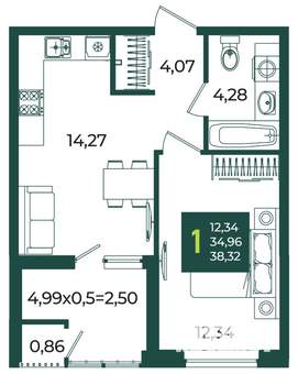 1-к квартира, вторичка, 38м2, 2/18 этаж