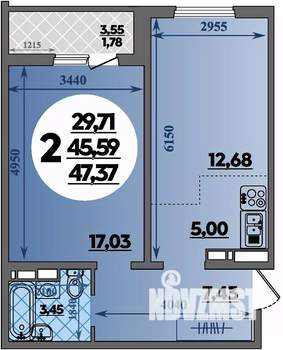 2-к квартира, строящийся дом, 47м2, 8/16 этаж