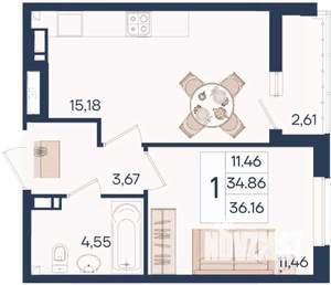 1-к квартира, вторичка, 36м2, 9/18 этаж