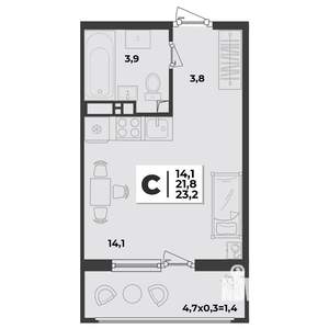 1-к квартира, строящийся дом, 23м2, 2/9 этаж