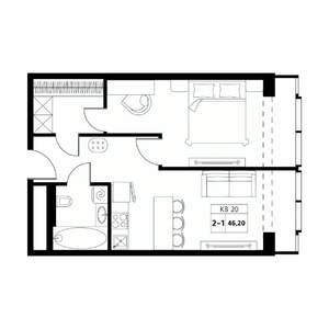 2-к квартира, строящийся дом, 46м2, 13/19 этаж