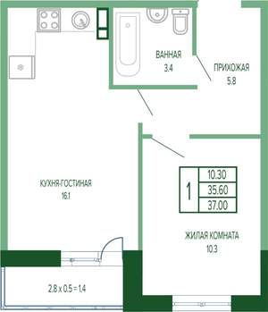 1-к квартира, вторичка, 37м2, 2/17 этаж