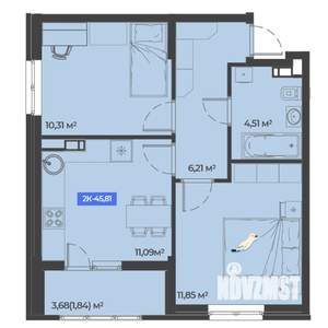 2-к квартира, вторичка, 46м2, 2/5 этаж