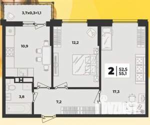 2-к квартира, вторичка, 55м2, 2/9 этаж