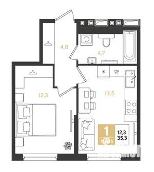 1-к квартира, строящийся дом, 35м2, 16/18 этаж