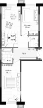 2-к квартира, вторичка, 68м2, 4/9 этаж