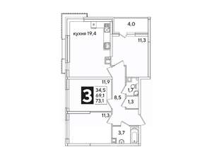 3-к квартира, вторичка, 73м2, 3/16 этаж