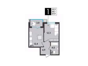 1-к квартира, вторичка, 38м2, 8/9 этаж