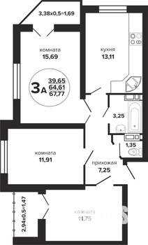 3-к квартира, вторичка, 68м2, 16/24 этаж