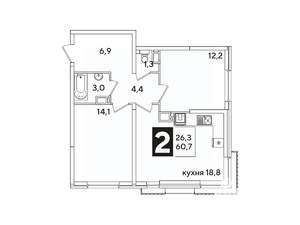 2-к квартира, вторичка, 61м2, 14/16 этаж