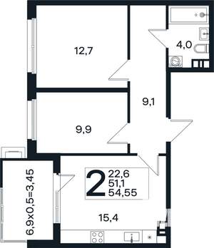 2-к квартира, вторичка, 55м2, 3/4 этаж