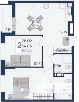 2-к квартира, вторичка, 55м2, 9/18 этаж