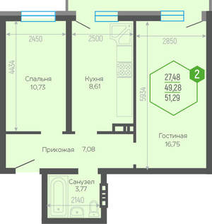 2-к квартира, вторичка, 50м2, 16/19 этаж