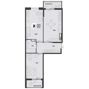 2-к квартира, строящийся дом, 55м2, 3/9 этаж