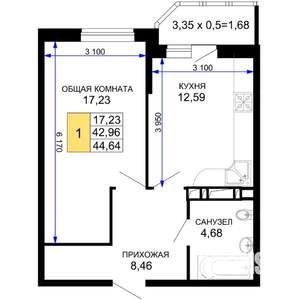 1-к квартира, вторичка, 45м2, 2/19 этаж