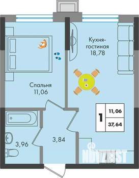 1-к квартира, вторичка, 38м2, 2/9 этаж