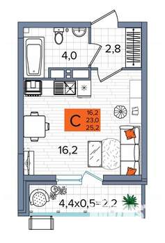 Студия квартира, сданный дом, 25м2, 14/16 этаж
