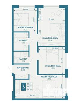 3-к квартира, строящийся дом, 74м2, 3/18 этаж