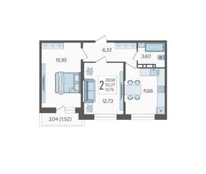 2-к квартира, строящийся дом, 52м2, 9/12 этаж