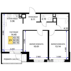 2-к квартира, строящийся дом, 64м2, 3/16 этаж