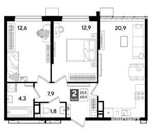 2-к квартира, строящийся дом, 60м2, 13/19 этаж