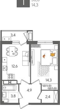 1-к квартира, строящийся дом, 41м2, 17/24 этаж