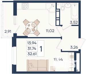1-к квартира, вторичка, 33м2, 10/18 этаж